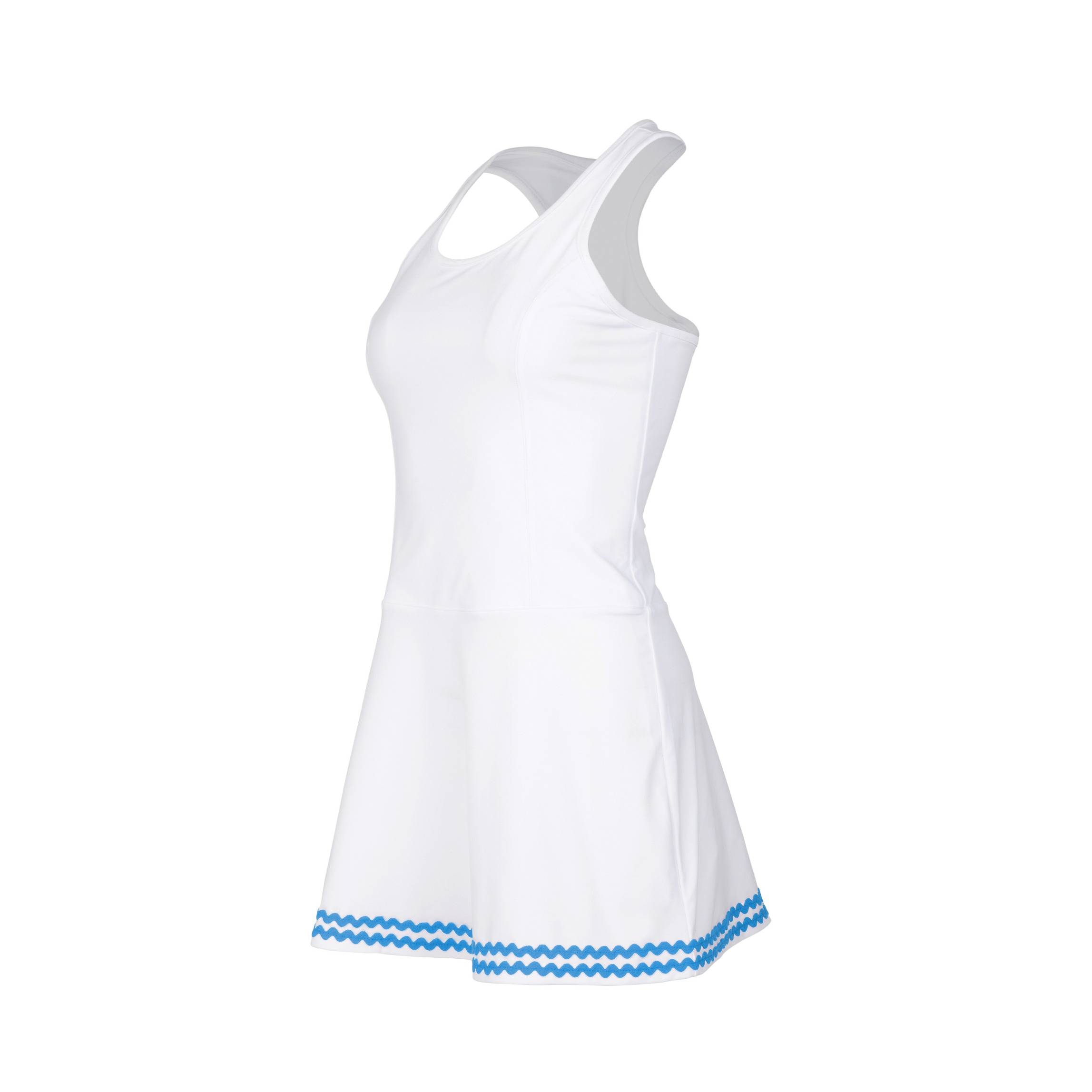 White dress with blue trim on a white background