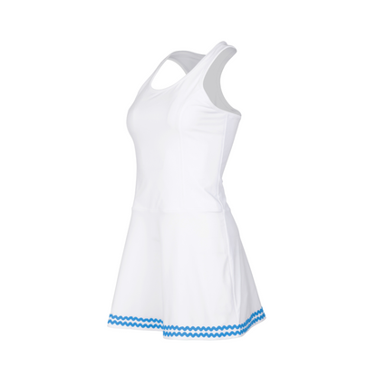 White dress with blue trim on a white background