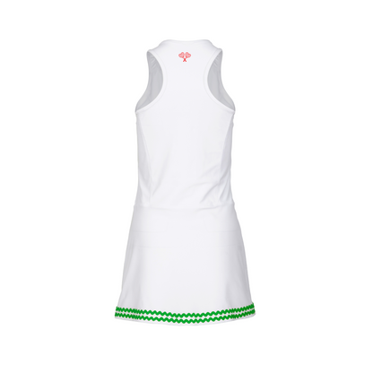 White dress with green trim on a white background