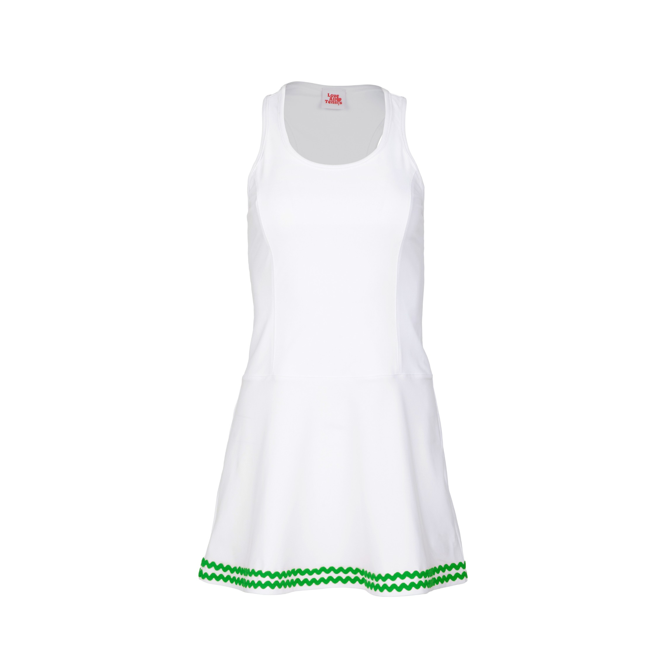 White dress with green trim on a white background
