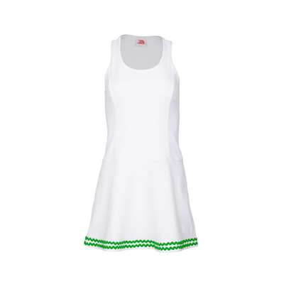 White dress with green trim on a white background