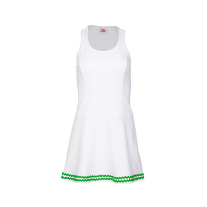 White dress with green trim on a white background