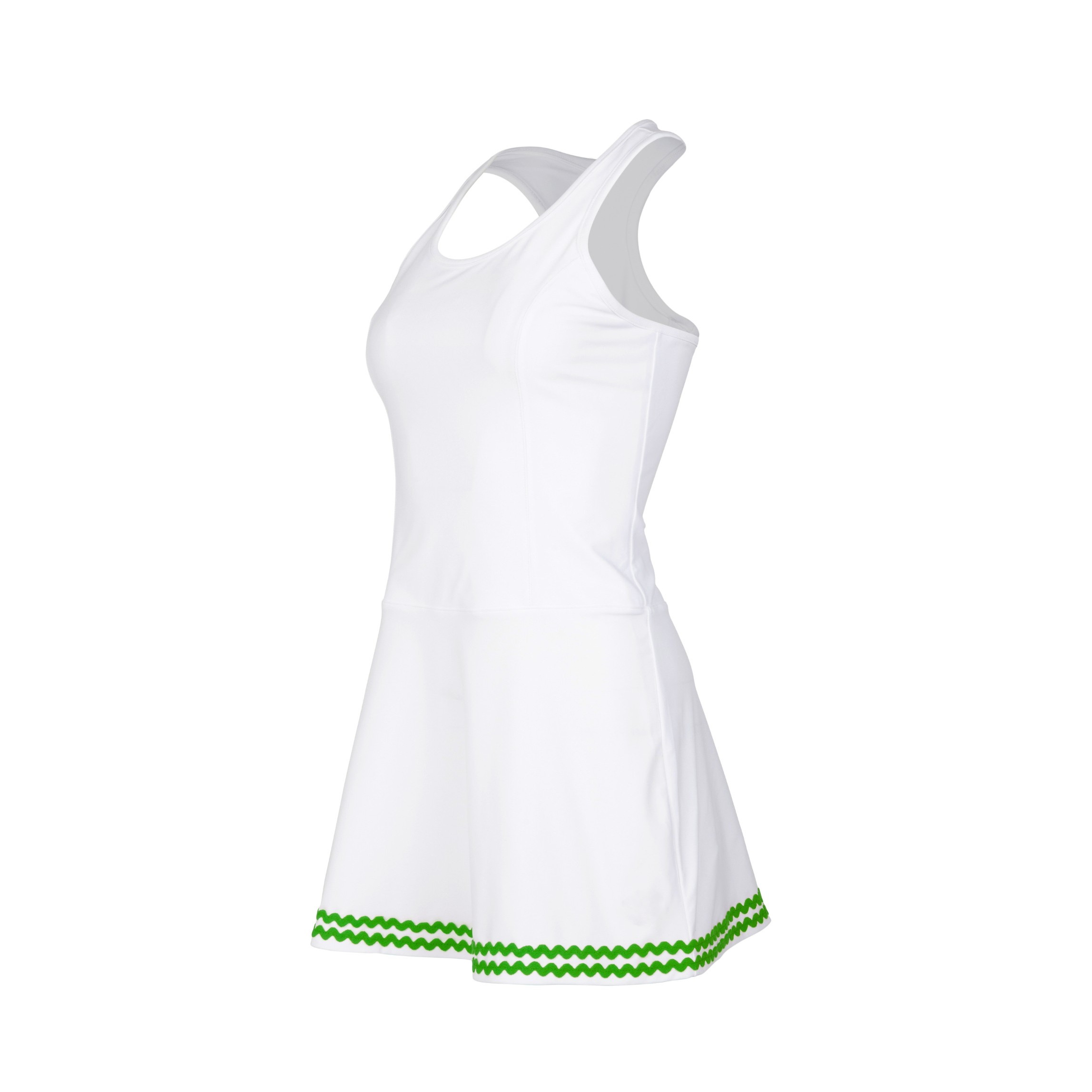 White dress with green trim on a white background