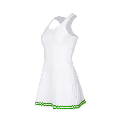 White dress with green trim on a white background