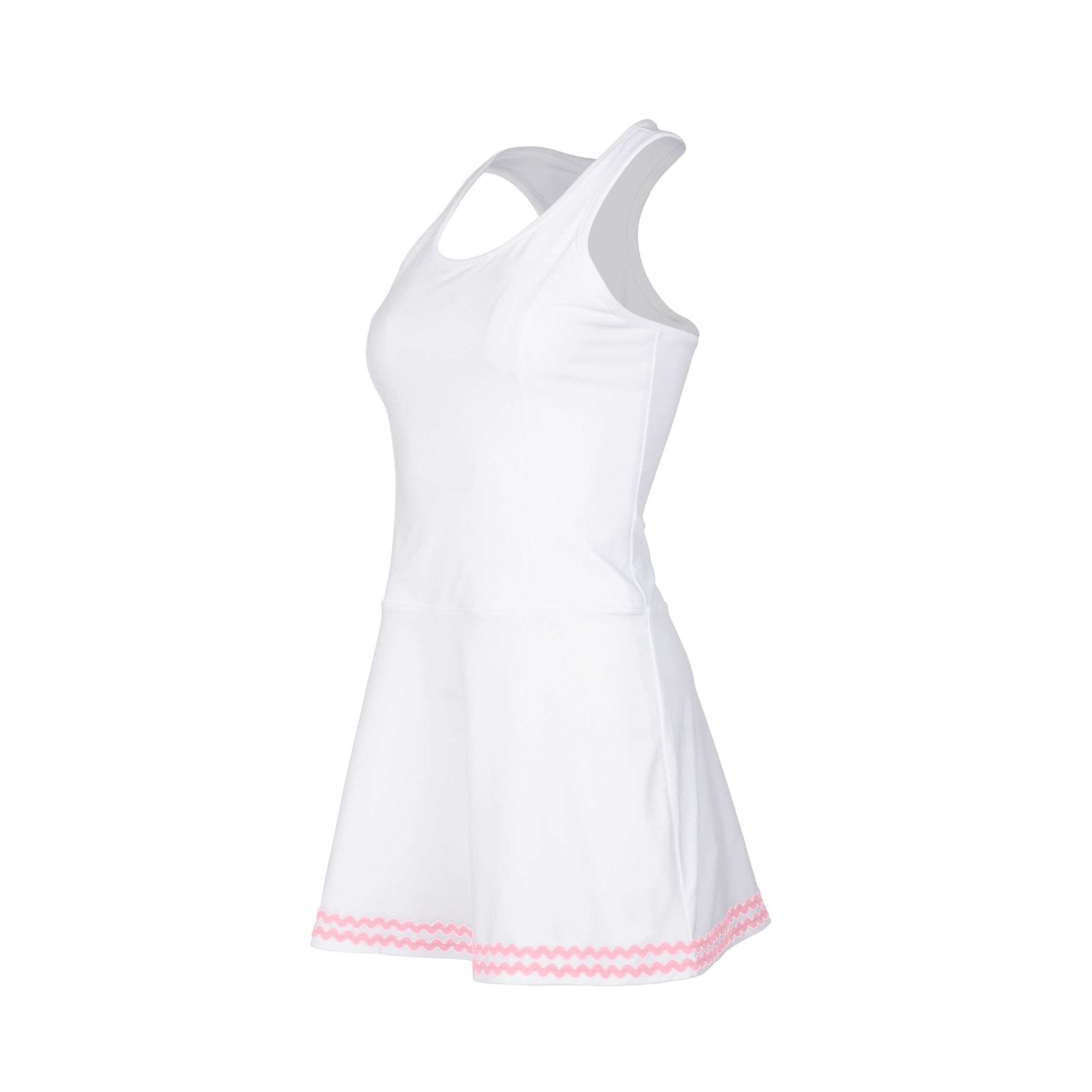White dress with pink trim on a white background