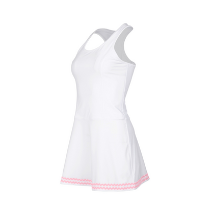 White dress with pink trim on a white background