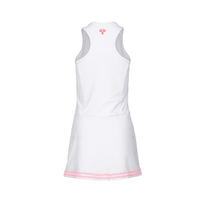 White sleeveless dress with pink trim on a white background