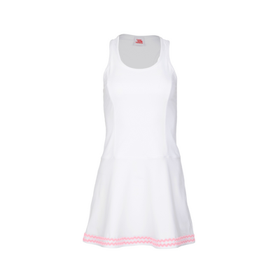 White dress with pink trim on a white background