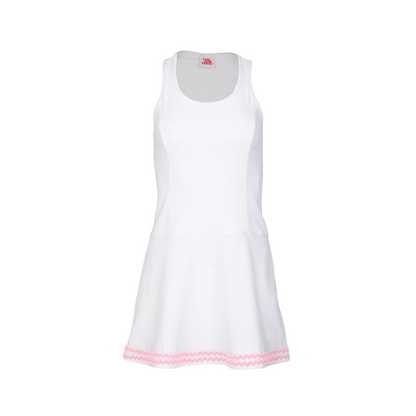 White dress with pink trim on a white background