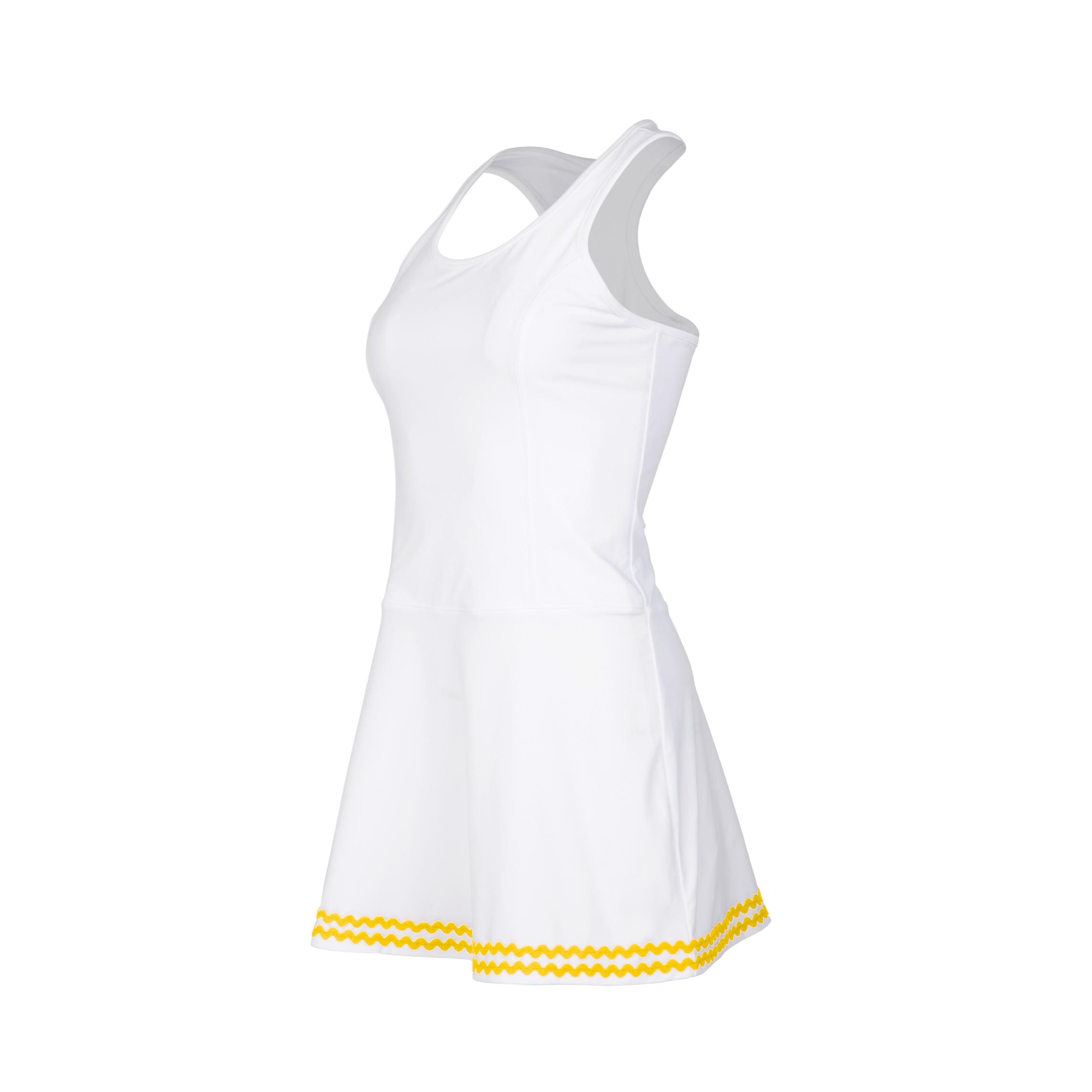 White dress with yellow trim on a white background