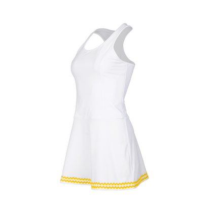 White dress with yellow trim on a white background