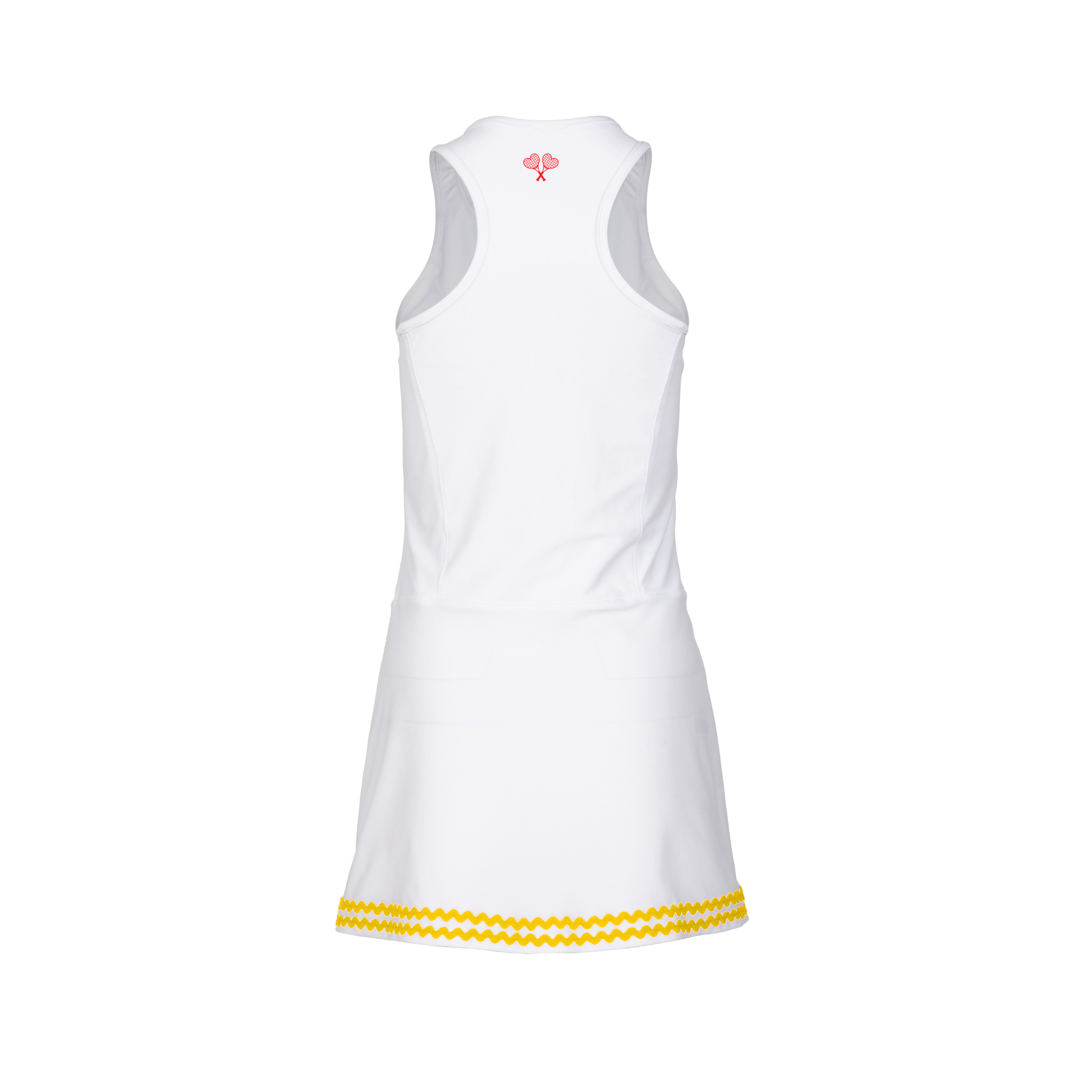 White dress with yellow trim on a white background