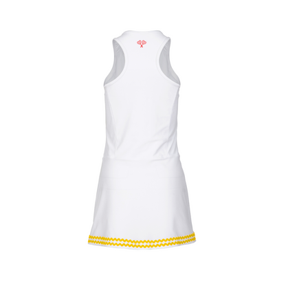 White dress with yellow trim on a white background