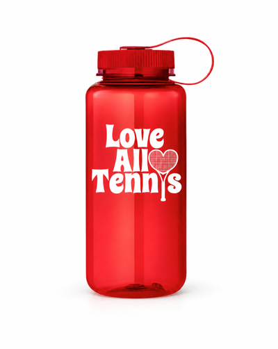 A translucent red plastic water bottle with a matching red screw cap and carrying loop, featuring the white text 'Love All Tennis' with a heart-shaped tennis racket graphic on the front, set against a plain white background.