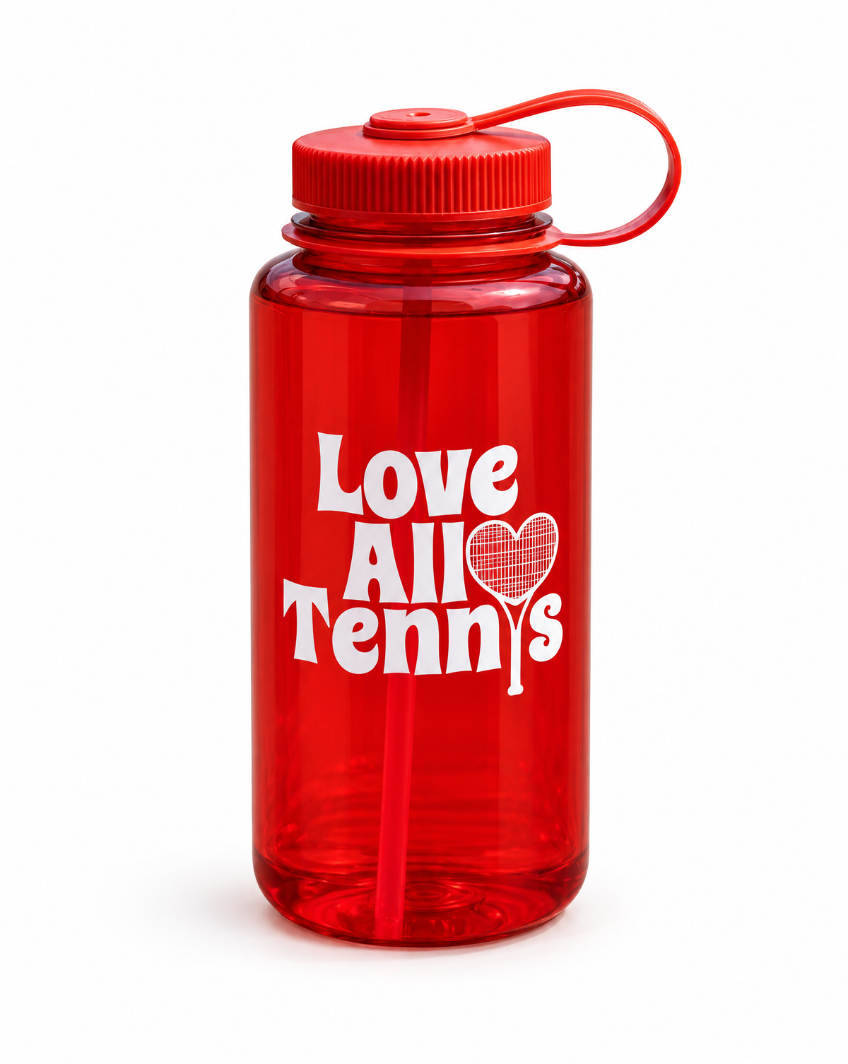 A translucent red plastic water bottle with a matching red screw cap and carrying loop, featuring the white text 'Love All Tennis' and a heart graphic on the front, set against a plain white background.