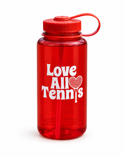 A translucent red plastic water bottle with a matching red screw cap and carrying loop, featuring the white text 'Love All Tennis' and a heart graphic on the front, set against a plain white background.