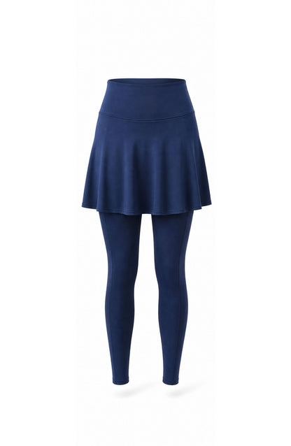 Navy blue skirt and leggings set on a white background