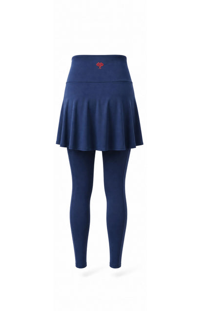 Navy blue skirt and leggings set on a white background