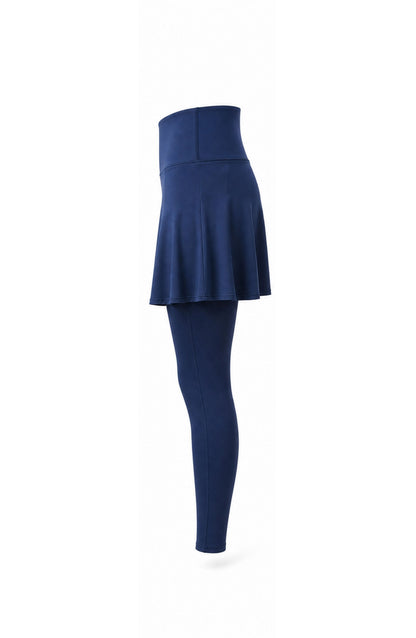Navy blue skirt and leggings set on a white background