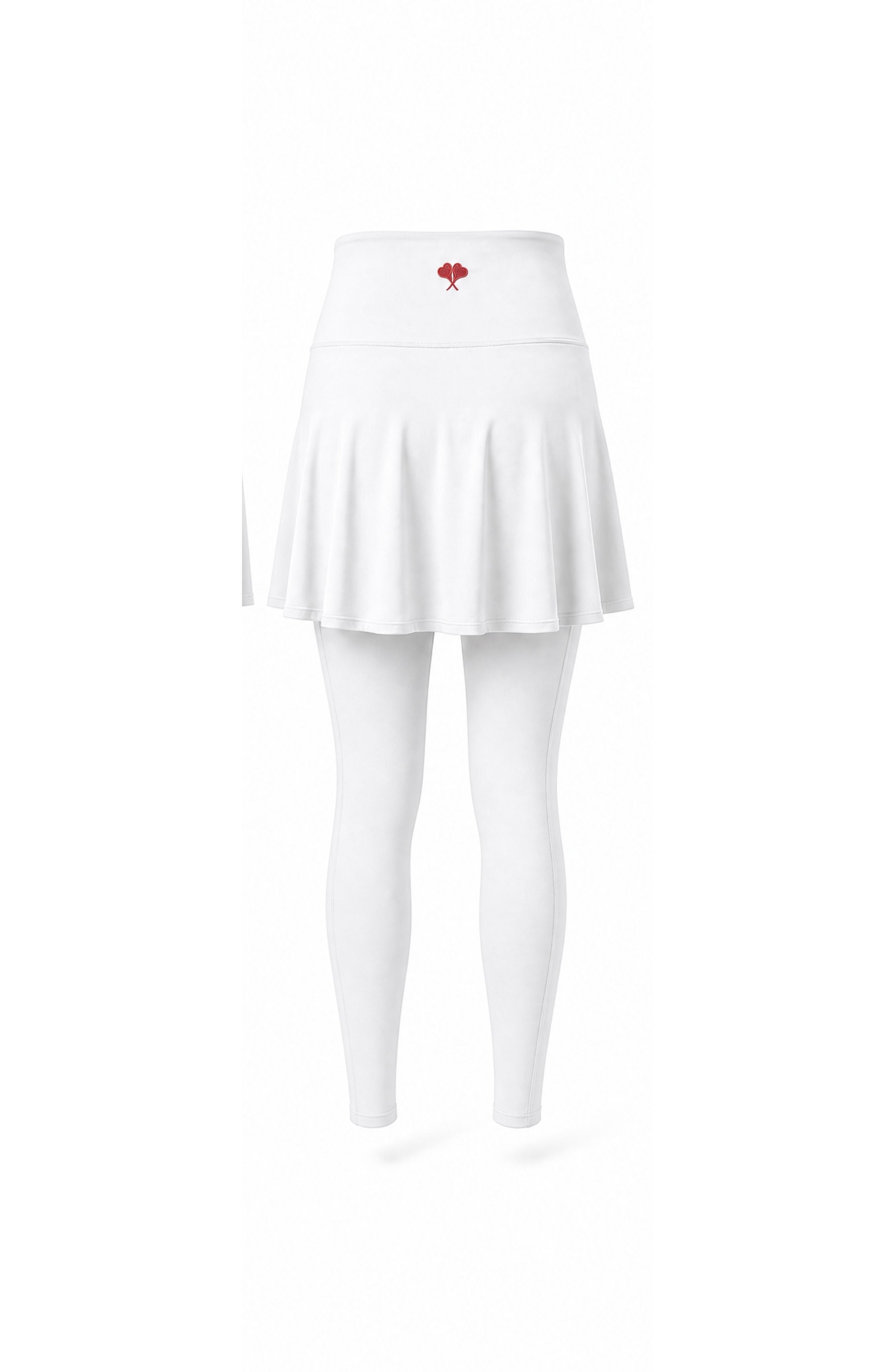 White pleated skirt with a red heart emblem on a white background
