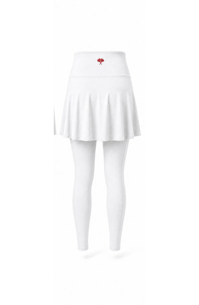 White pleated skirt with a red heart emblem on a white background