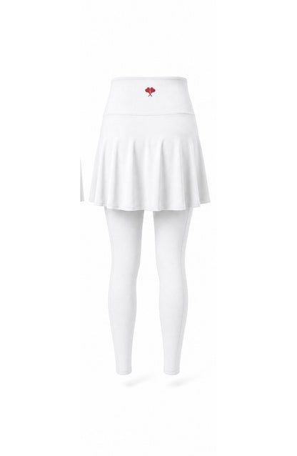 White pleated skirt with a red heart emblem on a white background