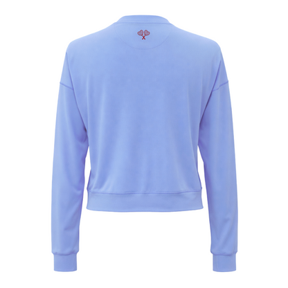 Light blue top with a logo on the back against a white background