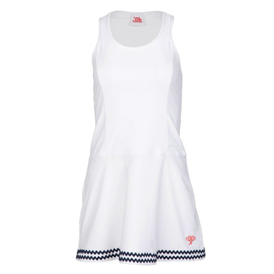 White dress with navy trim on a white background