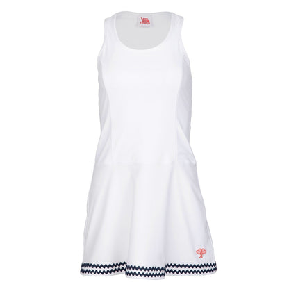 White dress with navy trim on a white background