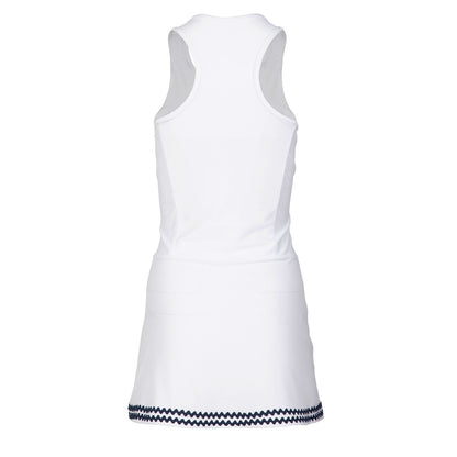 White sleeveless dress with navy trim on a white background