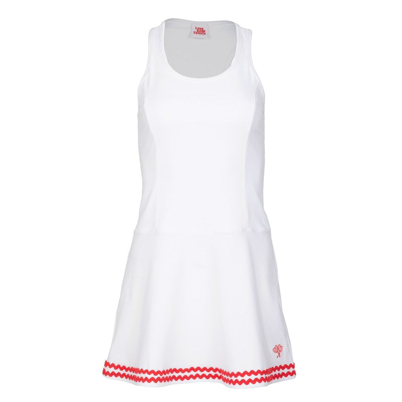White dress with red trim on a white background