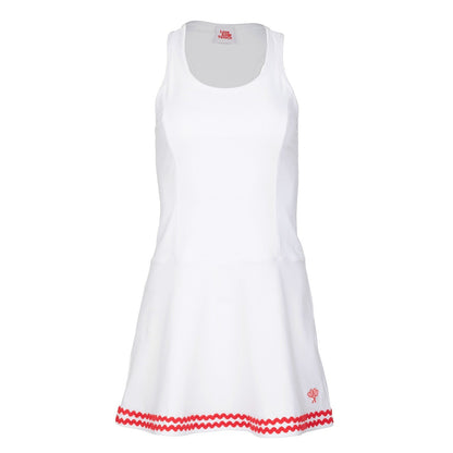 White dress with red trim on a white background