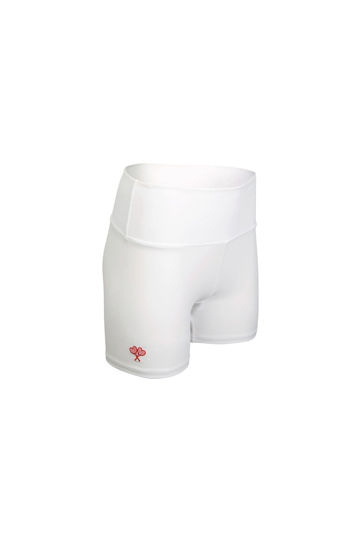 White shorts with a small red logo on a white background