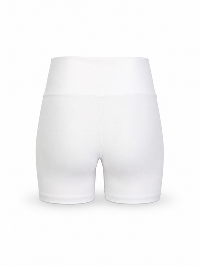 White high-waisted athletic shorts shown from the back on a clean white background.