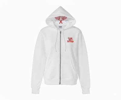 White hoodie with text and design on a white background
