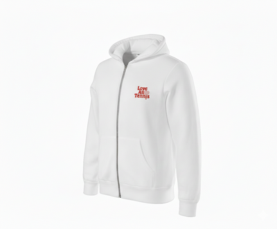 White hoodie with red logo on white background