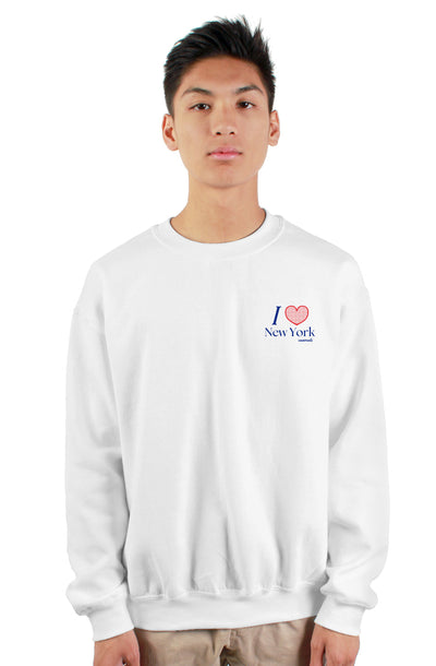 A male model wearing a white crewneck sweatshirt with a 'I Heart New York' graphic on the left chest area.