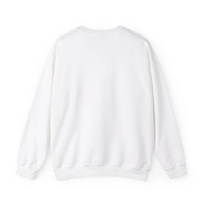 Back view of a white sweatshirt on a flat white background