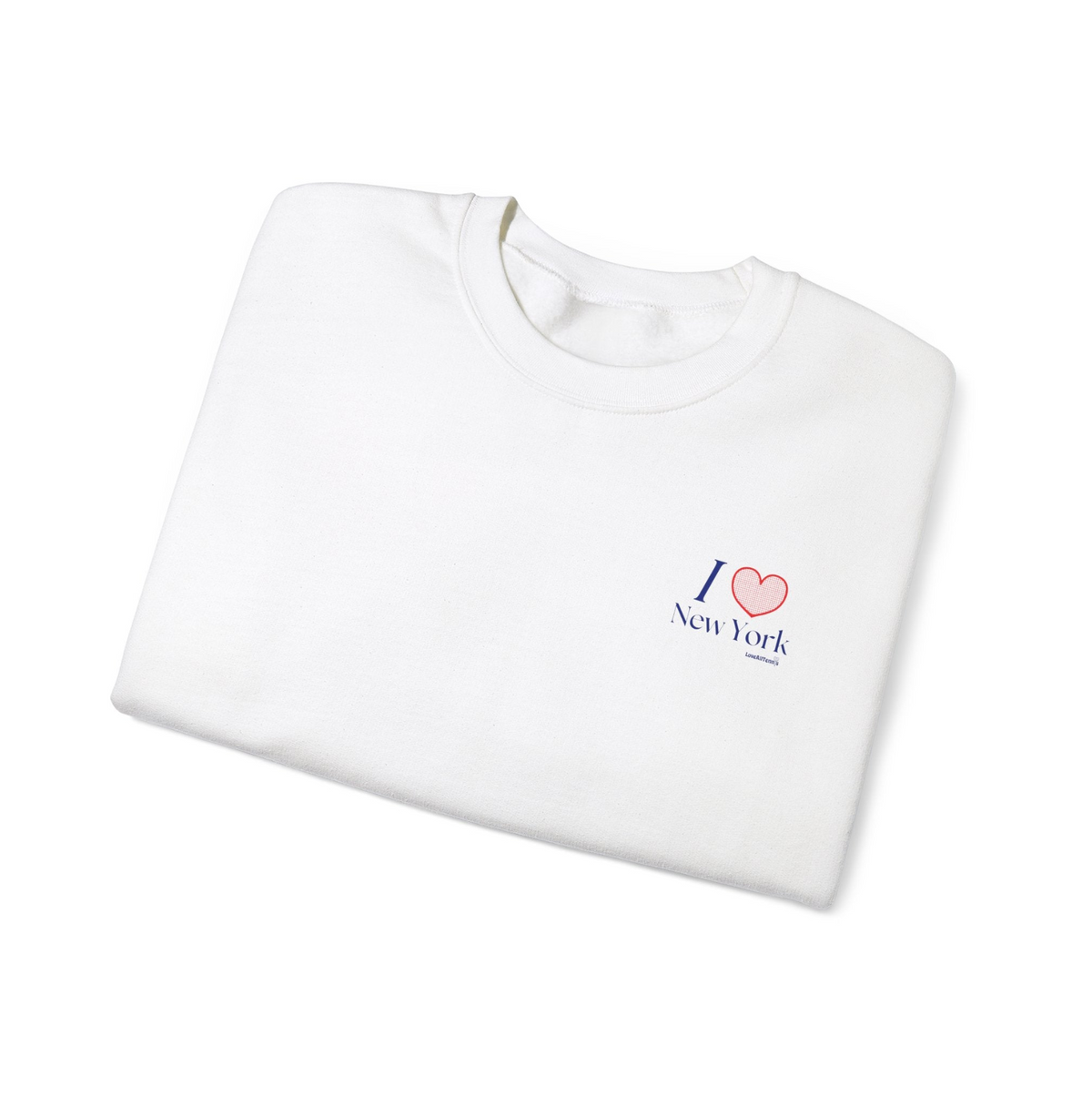 Folded sweatshirt with "I heart New York" graphic on the chest on flat white background