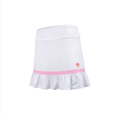 White skirt with pink waistband and hem on a white background
