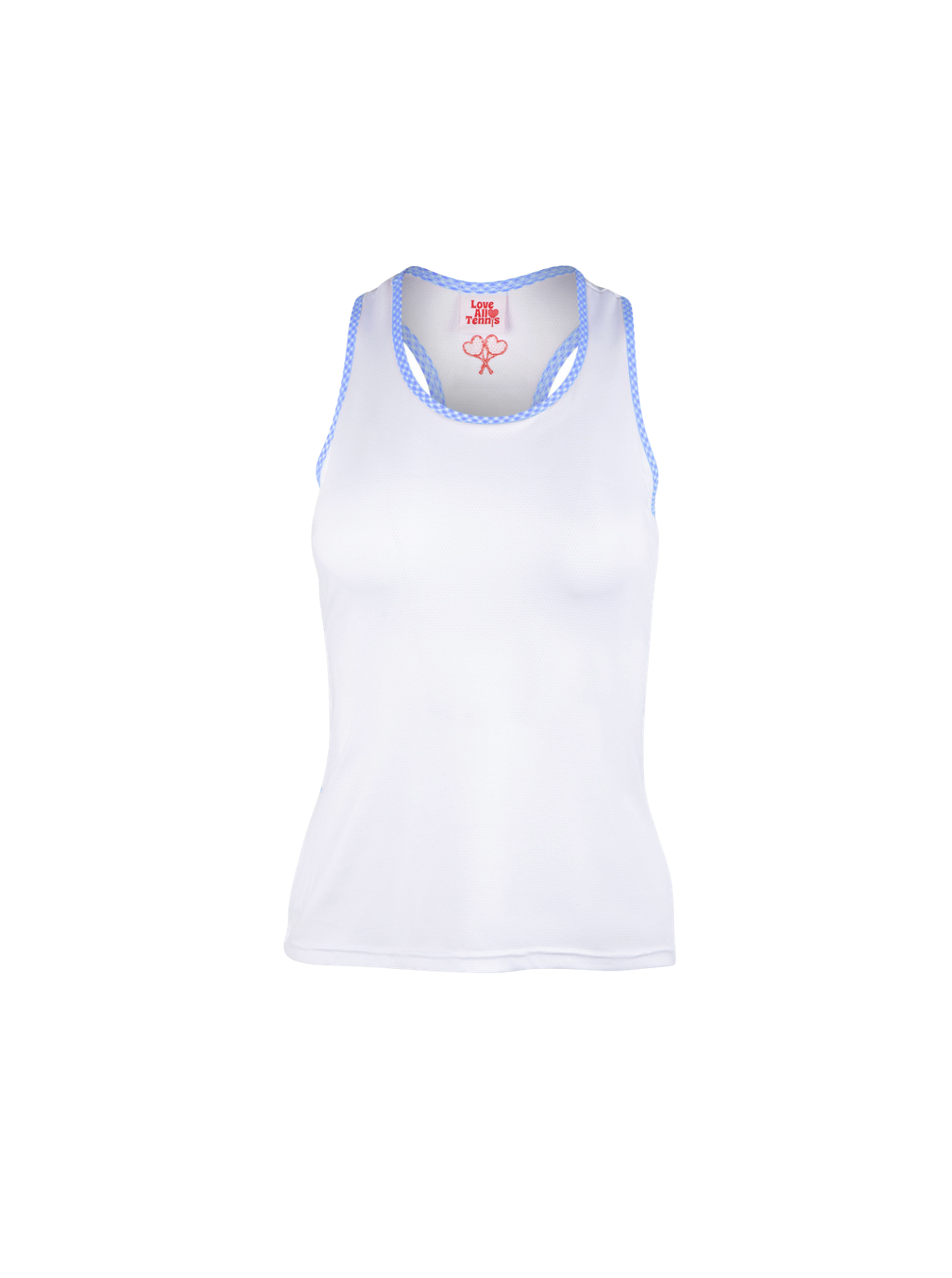 White tank top with blue trim on a white background