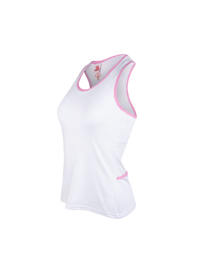 White tank top with pink trim on a white background