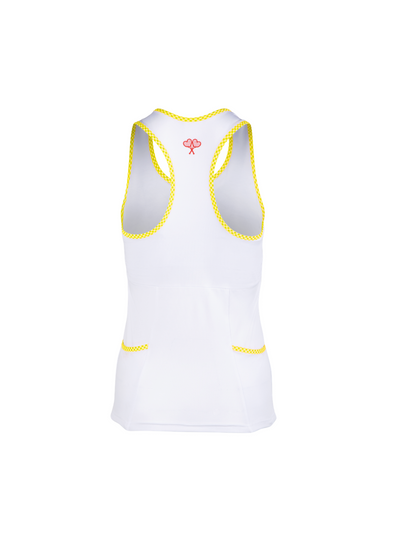 White tank top with yellow accents on a white background