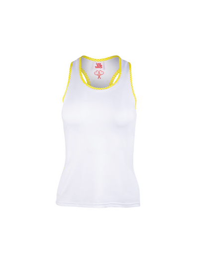 White tank top with yellow trim on a white background
