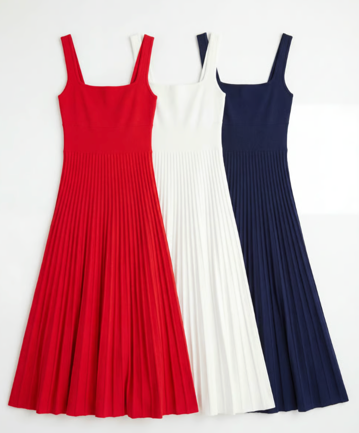 Three pleated dresses in red, white, and navy on a white background