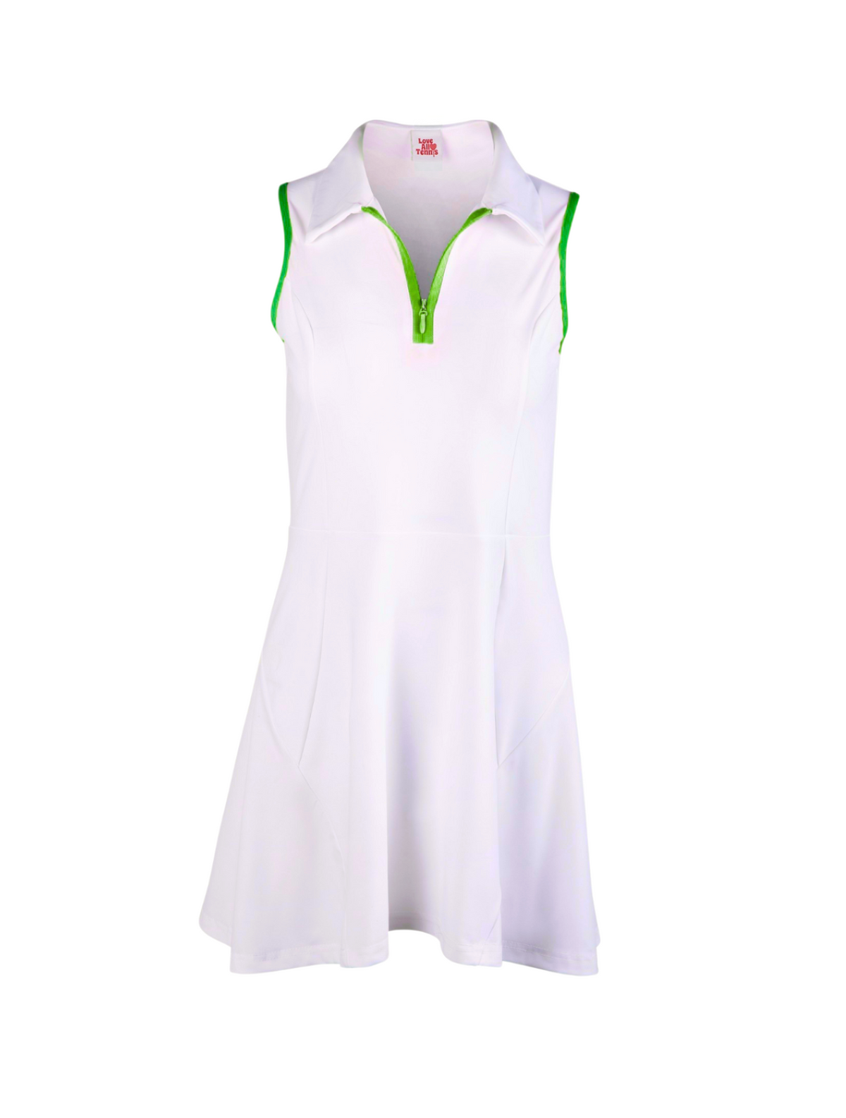 White sleeveless dress with green accents on a white background