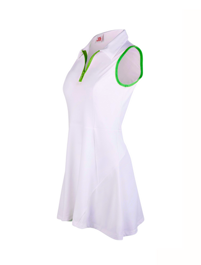 White sleeveless dress with green accents on a white background