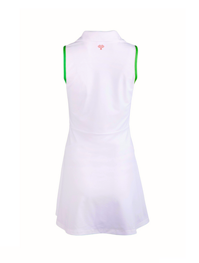 White sleeveless dress with green accents on a white background