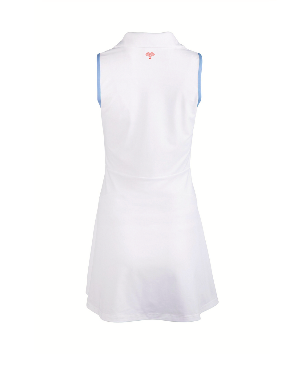 White sleeveless dress with blue accents on a white background
