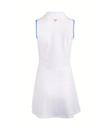 White sleeveless dress with blue accents on a white background